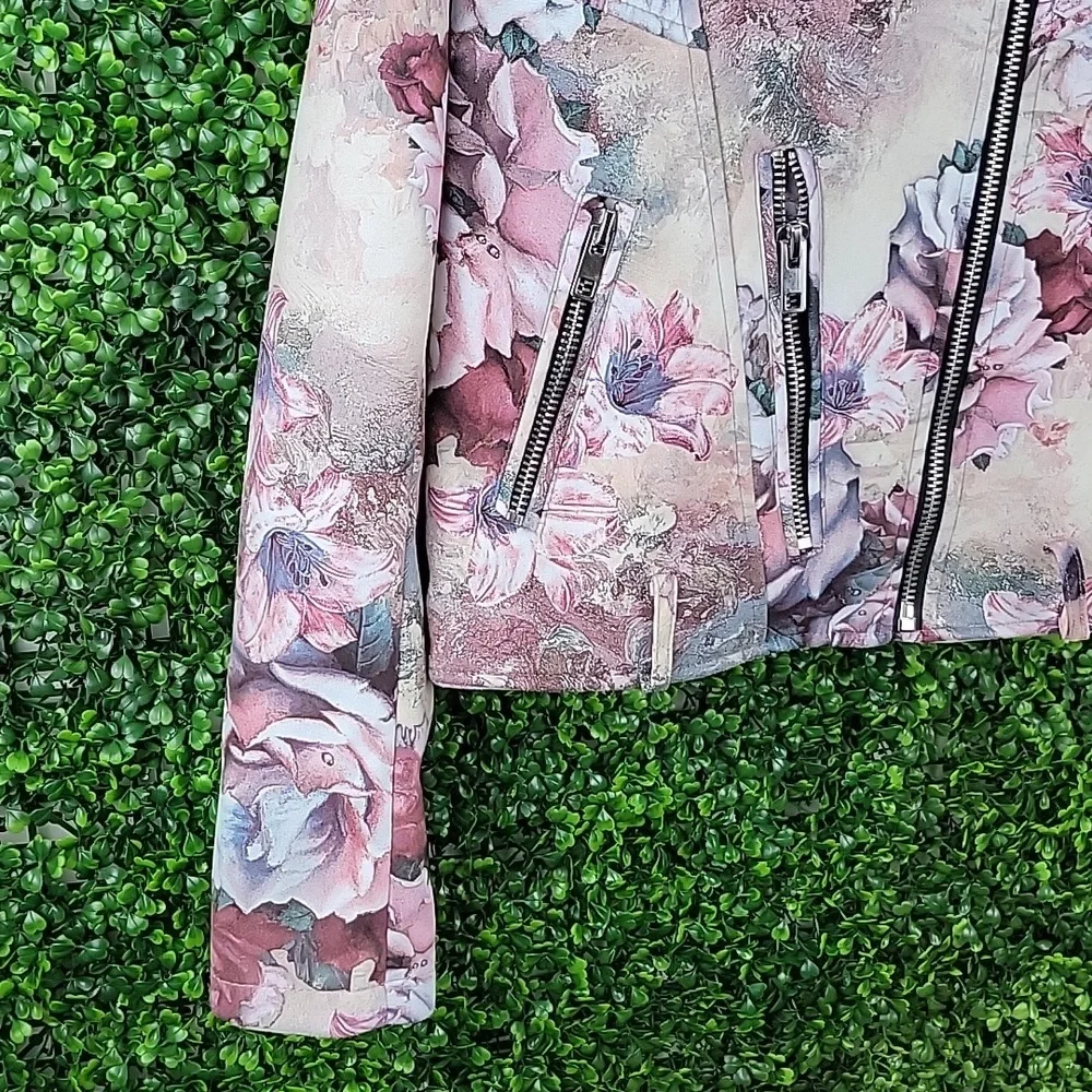 ZARA Basic Outerwear Floral Faux Suede Zippered Moto Jacket Cream/ Pink SZ Small - Picture 3 of 15